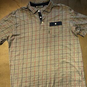 TRAVIS MATHEW Men's XXL Polo Shirt Gray Plaid with front pocket